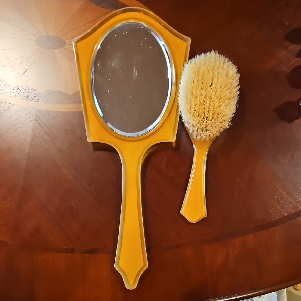 1920s DuPont Pyralin Celluloid Hand Mirror & Hair Brush Set Art Deco